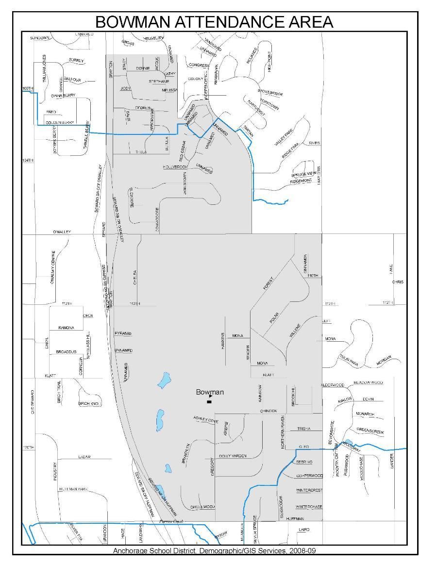 Bowman Boundary Map as created by ASD Demographics and GIS. Please contact ASD with an address to find out if you are within the Bowman Boundary.